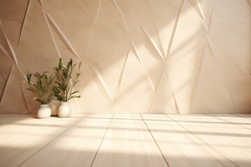 High quality image of modern beige interior with geometric sunlight, shadows, and empty wall mockup