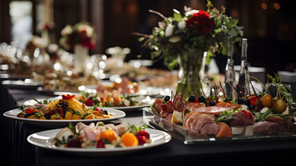 Naklejka na ściany i meble Luxurious Catering Spread at a Formal Event Showcasing a Variety of Gourmet Dishes