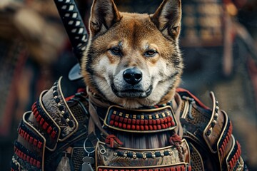 A stoic dog warrior in samurai armor evoking tales of loyalty and honor for a cultural festival poster