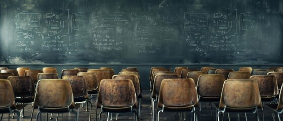 A symphony of vacant student chairs facing the blackboard echoing with potential