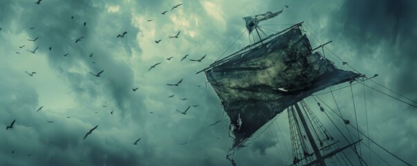 A weathered pirate banner billowing against the backdrop of a tempest sky