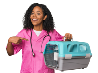 African American vet with pet carrier
