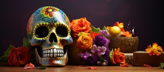 Painted human skull for Mexico's Day of the Dead (El Dia de Muertos) - obrazy, fototapety, plakaty