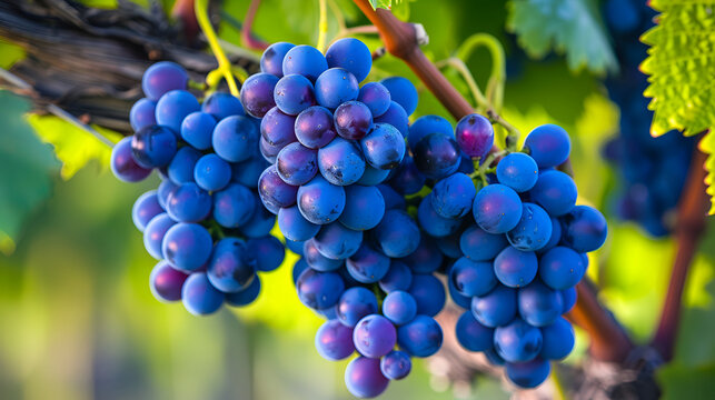 Branch of blue grapes on vine in vineyard, very shallow focus,A bunch of blue grapes hangs on a vine on an autumn sunny day. Harvest time. Selective focus,close up of fresh grapes on vine
