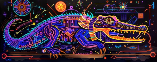 An abstract art piece featuring a crocodile headed Egyptian deity neon outlines and geometric shapes on a black canvas