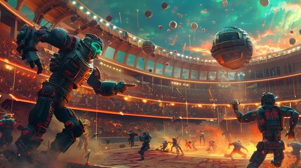 An ancient coliseum where gladiators are robots battling in front of a crowd of humans and androids - obrazy, fototapety, plakaty