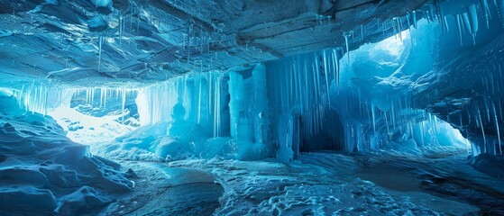 An ice cave with shimmering blue walls icicles hanging from the ceiling - obrazy, fototapety, plakaty
