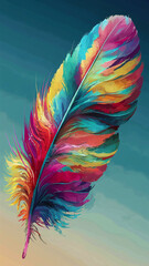 A stunning 3D rendering of a vibrant, colorful feather, painted in a watercolor-like style. The feather appears to be floating against a gradient sky, with a sense of depth and dimension. The overall 