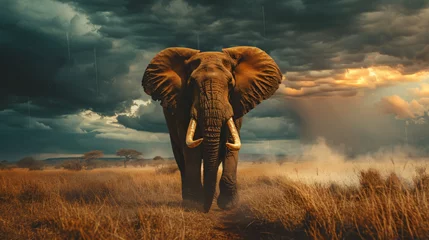 Foto op Canvas Angry African Elephant under cloudy sky © Asad
