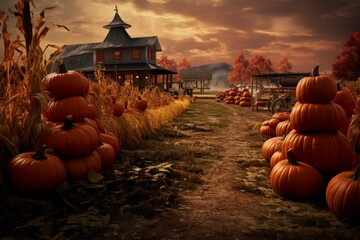Autumnal Pumpkin harvest cart. Mini stack. Generate Ai - obrazy, fototapety, plakaty