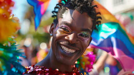 Happy candid black drag queen celebrating gay LGBTQ+ pride festival on a sunny summer day outdoors