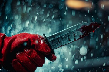 Close up of a rain drenched knife in a red glove ideal for a high stakes thriller movie poster - obrazy, fototapety, plakaty