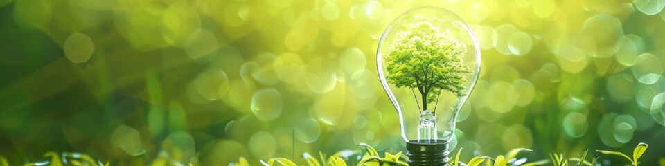 Conceptual image of a light bulb with a tree growing inside representing innovative green energy ideas on an abstract green background - obrazy, fototapety, plakaty