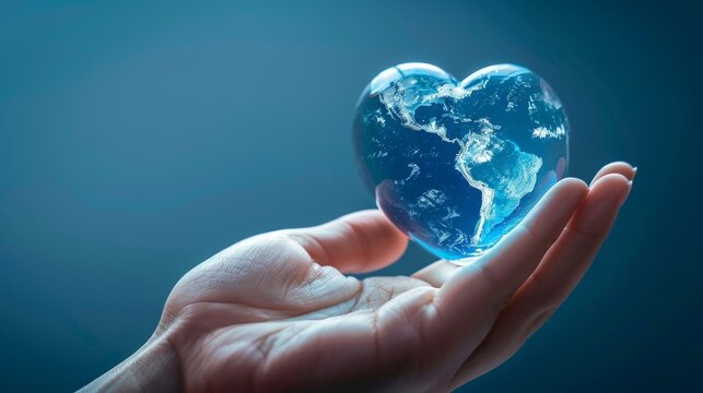 Conceptual image of Earth held gently in a hand with a heart shape symbolizing love heart and care for the planet against a blue background