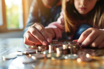 Focused child girl and her parent counting coins for a shared goal in a warm sunlit room - obrazy, fototapety, plakaty
