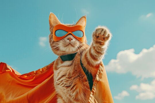 Ginger cat in a superhero cape and mask striking a pose against a sky blue backdrop ready for action