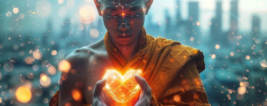 Futuristic enlightenment a monk with an AI heart representing the merger of old wisdom and new tech