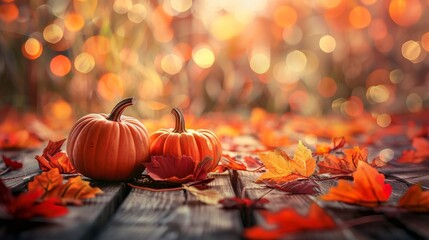 Autumn still life with pumpkins and fallen leaves on a wooden surface, warm bokeh background. - obrazy, fototapety, plakaty