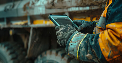 Construction worker's gloved hands as they operate a rugged tablet, set against the backdrop of heavy machinery, symbolizing the integration of technology in modern construction management