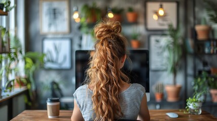 View of a woman taking a break from office work and meditating in a modern workspace, at a table with a computer and a cup of coffee to go. Corporate wellness and stress relief concepts.