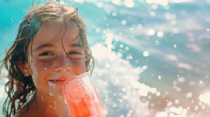 Summers portrait a cheerful girl with ice lolly - obrazy, fototapety, plakaty