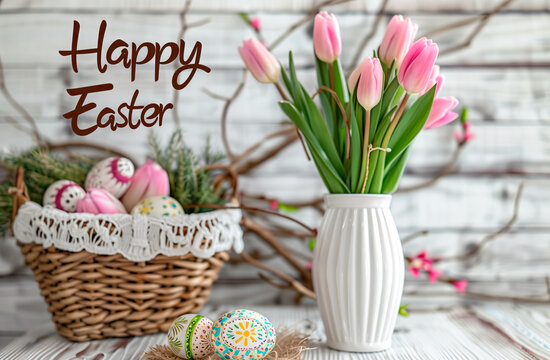 An enchanting Easter scene with a heartfelt 'Happy Easter' message above a vase of delicate pink tulips and a basket adorned with lace and filled with intricately decorated eggs, holiday spirit