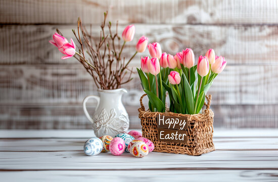 Celebratory Easter Composition. Pink tulips in a basket with a "Happy Easter" sign and decorative eggs on a wooden background