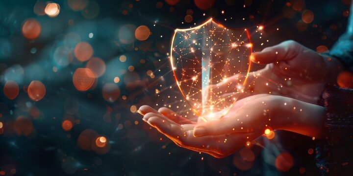 Hands holding a glowing, digital shield symbol, representing cybersecurity and data protection, with a bokeh background.