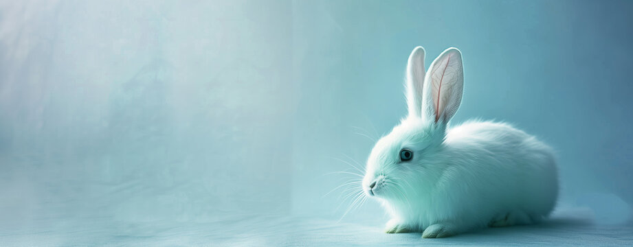 Serene White Rabbit Portrait. A soft-focused image of a white rabbit with a calm blue backdrop.