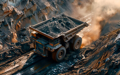 A robust mining truck loaded with ore is captured in motion, dust trailing behind as it navigates through a harsh quarry landscape, emphasizing the relentless power and action within the mining indust