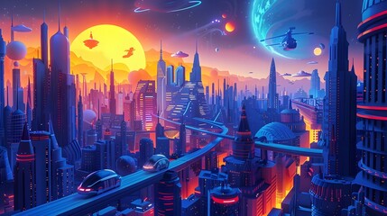 Futuristic Cityscape with Spaceships, To convey a sense of innovation and progress in urban living through a captivating and imaginative depiction of - obrazy, fototapety, plakaty