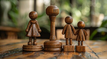 Judge's table with gavel, sound block, and small wooden figurines of husband, wife, and kid. Family law, divorce lawyer, joint custody of child, and alimony concept in the courthouse.