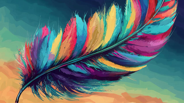 A stunning 3D rendering of a vibrant, colorful feather, painted in a watercolor-like style. The feather appears to be floating against a gradient sky, with a sense of depth and dimension. The overall 