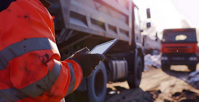 Construction Foreman Managing Logistics on Tablet. A construction foreman in a high-visibility jacket focuses on a tablet, managing the logistics of truck operations in a busy construction zone.