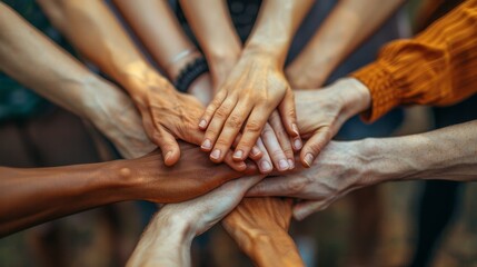The hands of people of different ages and nationalities are folded on each other, symbolizing their unity and support. Close-up of people working together for a positive result. - obrazy, fototapety, plakaty