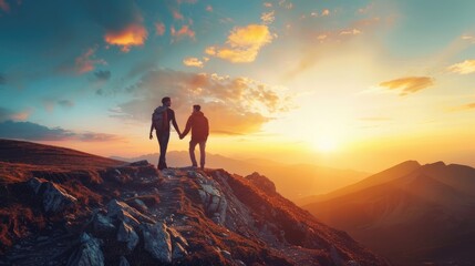 Image of two young men holding hands together Looking ahead on a high mountain The idea of being...