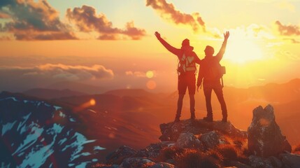 Image of two young men holding hands together Looking ahead on a high mountain The idea of being alone in a place that most people can't reach - obrazy, fototapety, plakaty