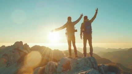Image of two young men holding hands together Looking ahead on a high mountain The idea of being...