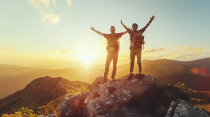 Image of two young men holding hands together Looking ahead on a high mountain The idea of being alone in a place that most people can't reach
