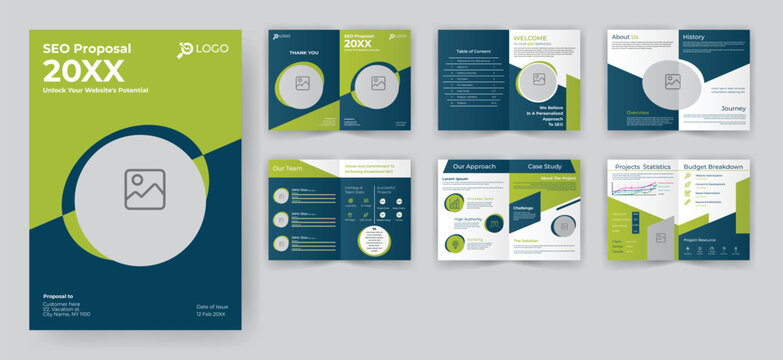 SEO Project Proposal Brochure Template. Website Marketing Presentation with Green Accent