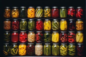 Assortment of pickled vegetables and canned goods neatly organized on display shelf - obrazy, fototapety, plakaty