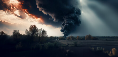 Obraz premium Ravaged Landscape: The Harrowing Beauty of a Black Smoke-Enveloped Scene created with Generative AI technology