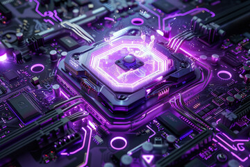 Fototapeta na wymiar A processor with a purple and silver design and a magic system on it