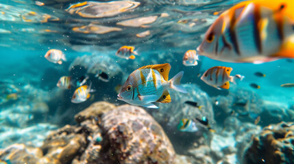 Beautiful colored fish swim underwater