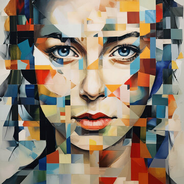 A captivating female face emerges from a complex geometric fragmentation