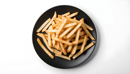 Isolated photo of French fries in a black color plate with clean white background, wide food wallpaper banner 
