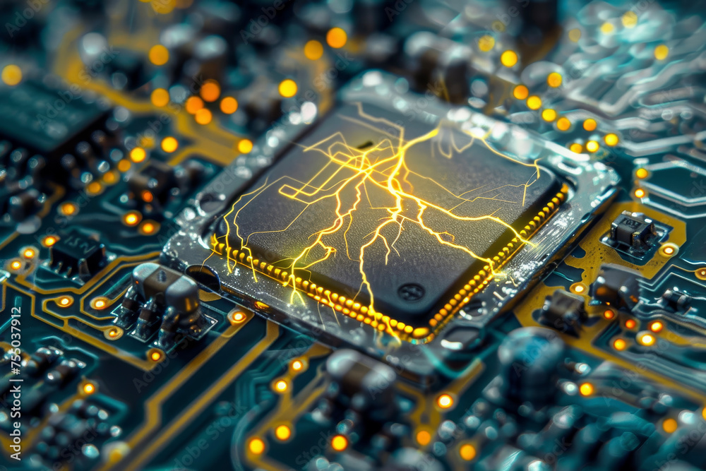 Poster A processor with a yellow and silver design and a lightning system on it