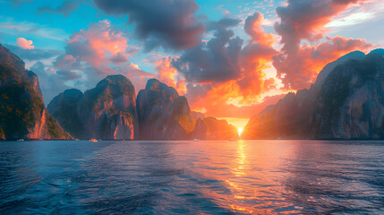 A photo of the Phi Phi Islands, with towering limestone cliffs as the background - obrazy, fototapety, plakaty