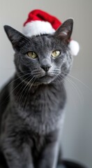 A gray cat wearing a Santa hat