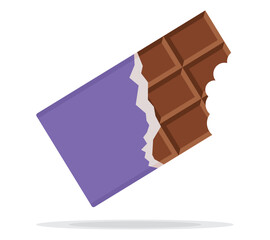 Bitten chocolate bar in violet  opened  wrap and foil isolated on white background, dessert, vector illustration in flat style. Chocolate bar on white background. Milk chocolate bar.